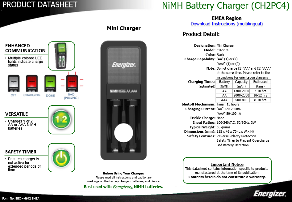 Energizer NiMH Battery Charger (CH2PC4) with 2 AAA 700mAH battery