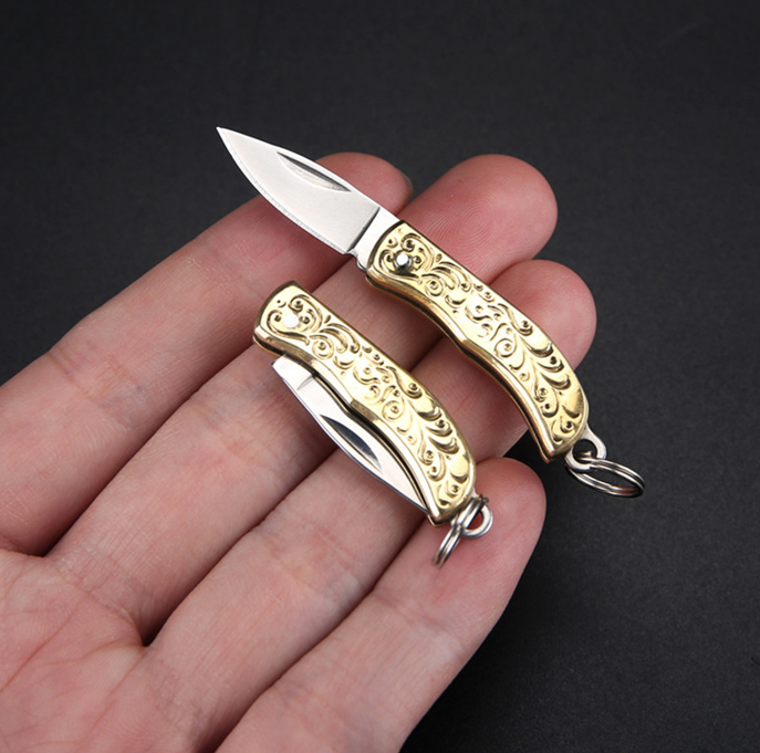 Mini Folding Keychain Knife Gold Handle