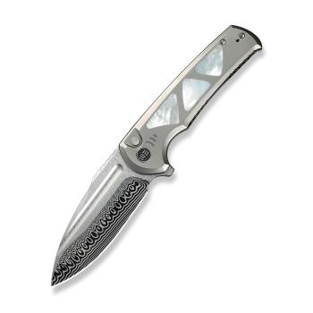 WE KNIFE Sylox Polished Bead Blasted Titanium Handle With Mother of Pearl Inlay Hugin Damasteel