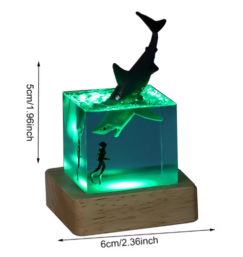 [C-7] Resin Megalodon Shark With Diver +Wood Base with Light 