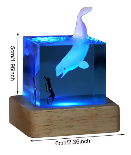 [A-5] Resin White Dolphin With Diver +Wood Base with Light 